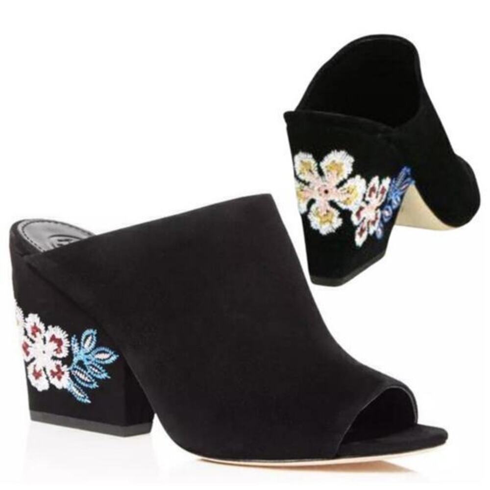 Tory Burch Floral Embroidered Block Heel Slide Sandals Black open toe size 6.5